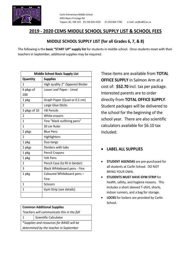 MIDDLE SCHOOL SUPPLY LIST 2019_20