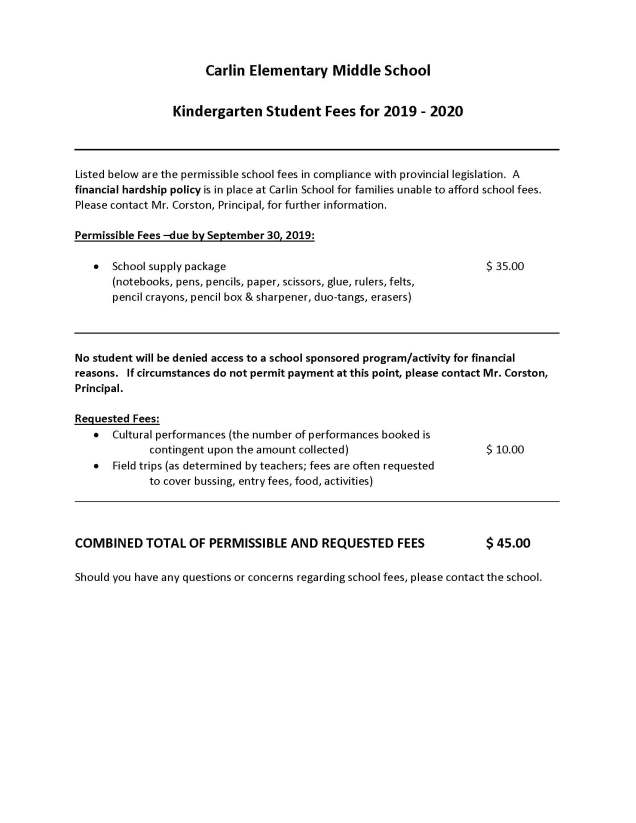 KINDERGARTEN SCHOOL FEES 2019_20